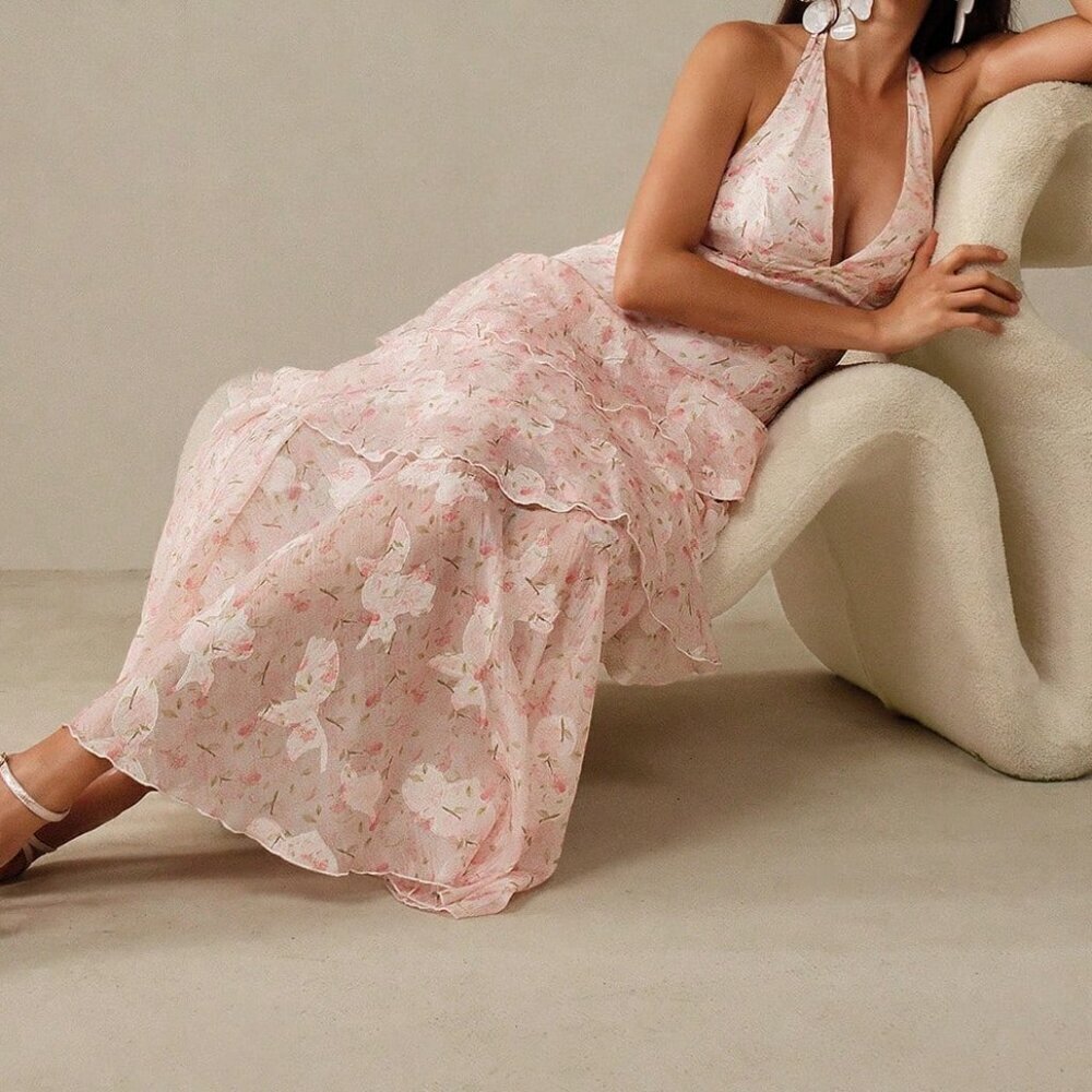 White Elegant Women's Romantic V-Neck Backless Floral Ruffle Dress